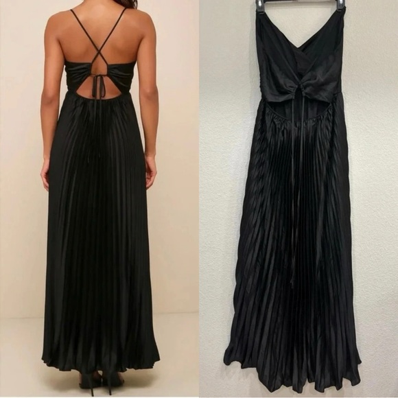 NWOT Lulus Precious Sentiments Black Satin Pleated Tie-Back Maxi Dress - Picture 5 of 8
